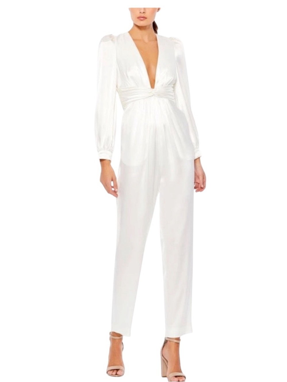 Mac Duggal White Satin Long Sleeve V Neck Jumpsuit A2647| 4